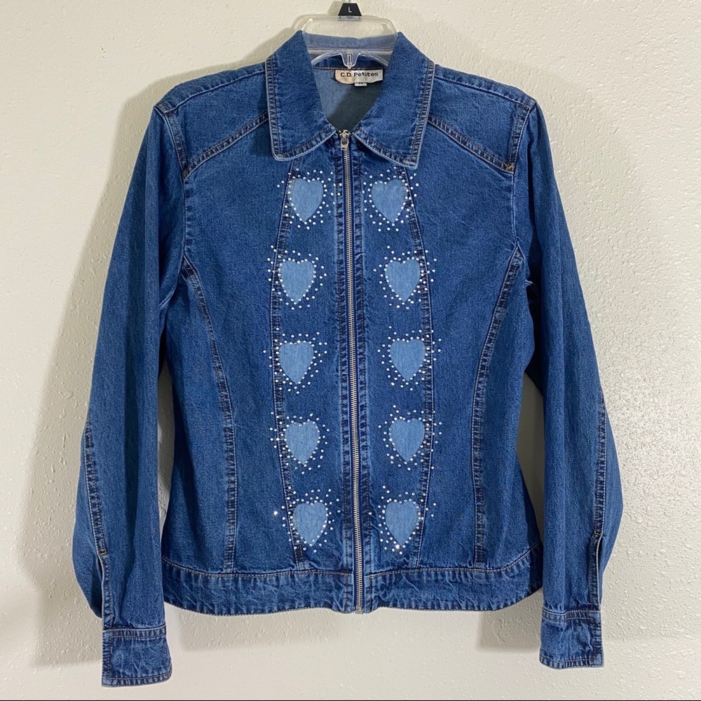 C.D. Denim Jacket Woman’s Medium Zip front blue jean Long Sleeve Two Tone hearts